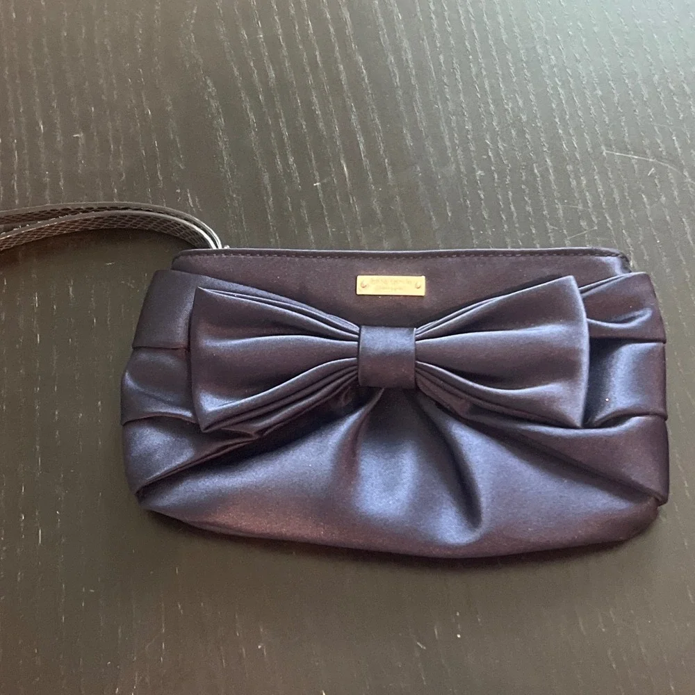 Kate Spade‎ Navy Blue Satin Bow Wristlet Clutch Snakeskin Strap Evening Bag